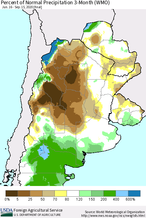 Southern South America Percent of Normal Precipitation 3-Month (WMO) Thematic Map For 6/16/2020 - 9/15/2020