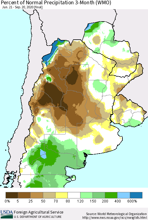 Southern South America Percent of Normal Precipitation 3-Month (WMO) Thematic Map For 6/21/2020 - 9/20/2020