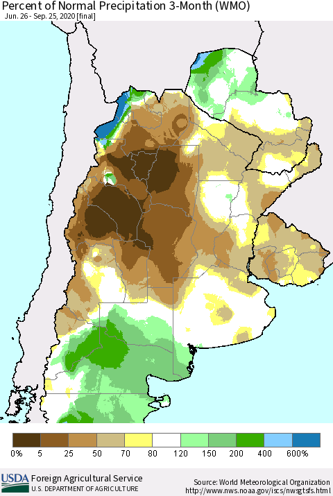 Southern South America Percent of Normal Precipitation 3-Month (WMO) Thematic Map For 6/26/2020 - 9/25/2020