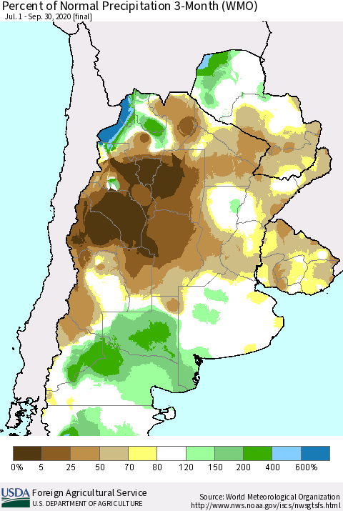 Southern South America Percent of Normal Precipitation 3-Month (WMO) Thematic Map For 7/1/2020 - 9/30/2020