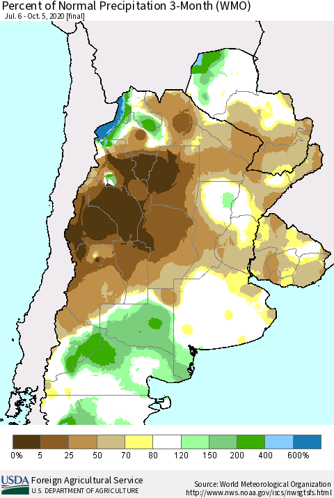 Southern South America Percent of Normal Precipitation 3-Month (WMO) Thematic Map For 7/6/2020 - 10/5/2020