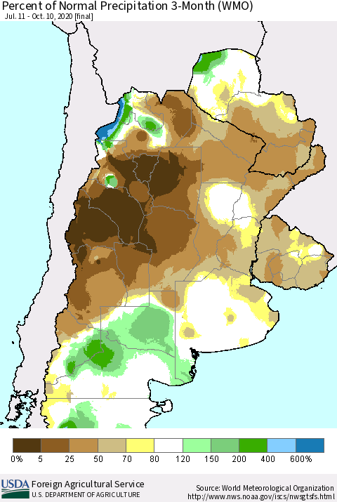 Southern South America Percent of Normal Precipitation 3-Month (WMO) Thematic Map For 7/11/2020 - 10/10/2020