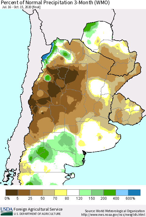 Southern South America Percent of Normal Precipitation 3-Month (WMO) Thematic Map For 7/16/2020 - 10/15/2020