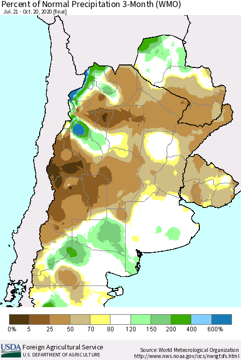Southern South America Percent of Normal Precipitation 3-Month (WMO) Thematic Map For 7/21/2020 - 10/20/2020