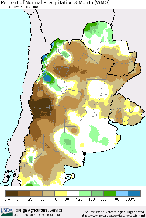 Southern South America Percent of Normal Precipitation 3-Month (WMO) Thematic Map For 7/26/2020 - 10/25/2020