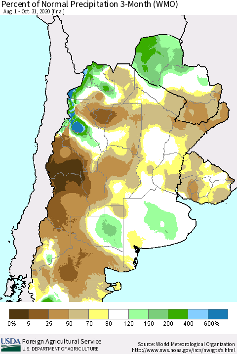 Southern South America Percent of Normal Precipitation 3-Month (WMO) Thematic Map For 8/1/2020 - 10/31/2020