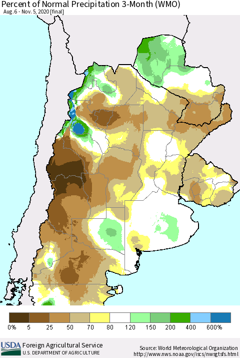 Southern South America Percent of Normal Precipitation 3-Month (WMO) Thematic Map For 8/6/2020 - 11/5/2020