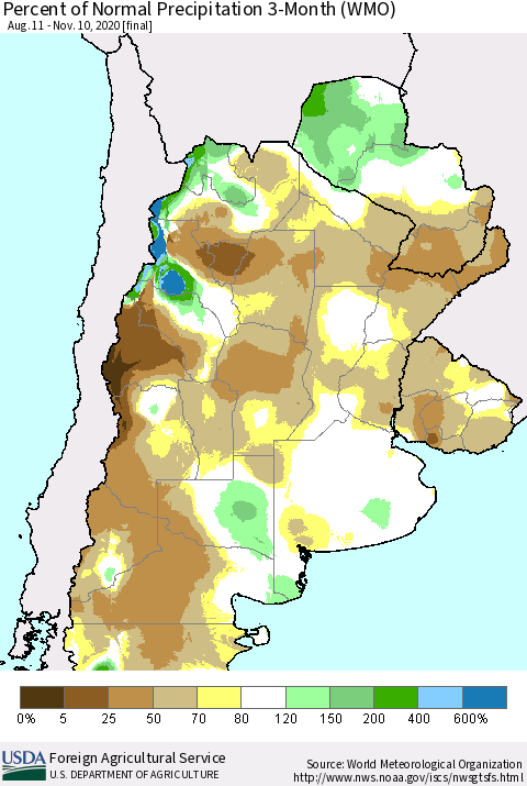 Southern South America Percent of Normal Precipitation 3-Month (WMO) Thematic Map For 8/11/2020 - 11/10/2020