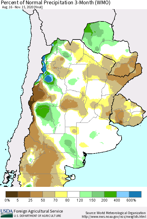 Southern South America Percent of Normal Precipitation 3-Month (WMO) Thematic Map For 8/16/2020 - 11/15/2020