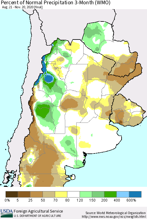 Southern South America Percent of Normal Precipitation 3-Month (WMO) Thematic Map For 8/21/2020 - 11/20/2020