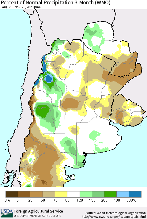 Southern South America Percent of Normal Precipitation 3-Month (WMO) Thematic Map For 8/26/2020 - 11/25/2020