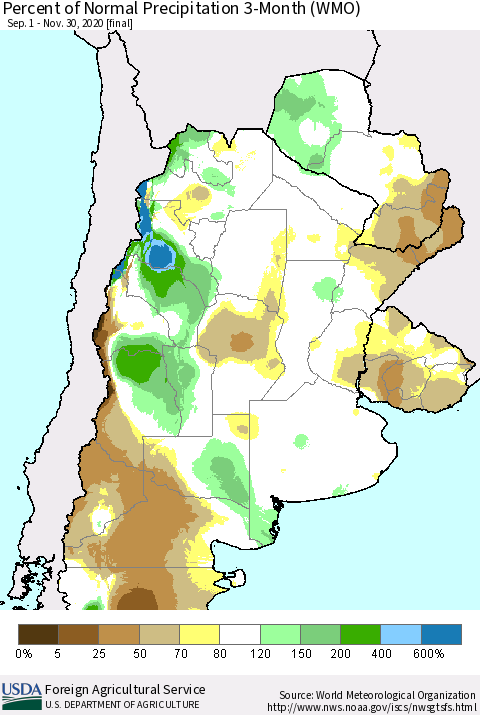 Southern South America Percent of Normal Precipitation 3-Month (WMO) Thematic Map For 9/1/2020 - 11/30/2020