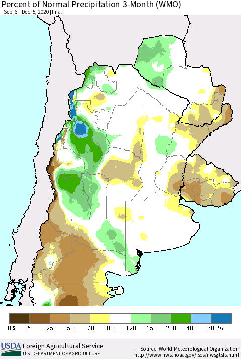 Southern South America Percent of Normal Precipitation 3-Month (WMO) Thematic Map For 9/6/2020 - 12/5/2020