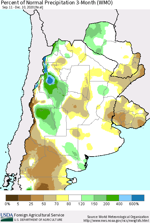 Southern South America Percent of Normal Precipitation 3-Month (WMO) Thematic Map For 9/11/2020 - 12/10/2020