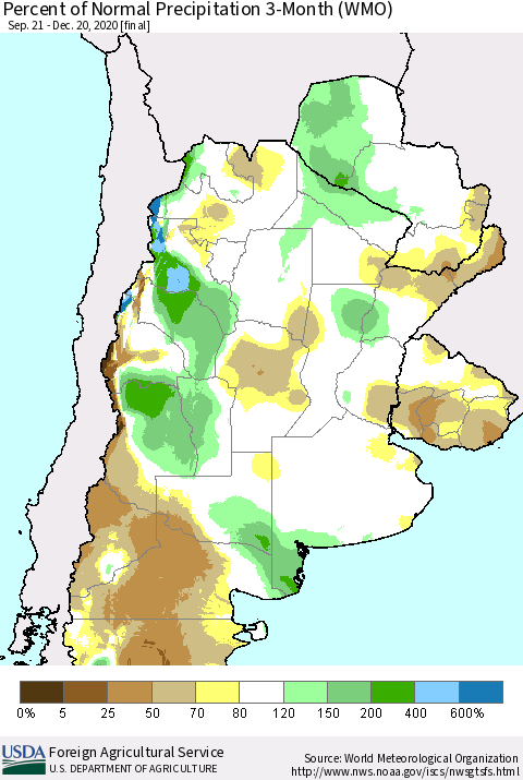 Southern South America Percent of Normal Precipitation 3-Month (WMO) Thematic Map For 9/21/2020 - 12/20/2020