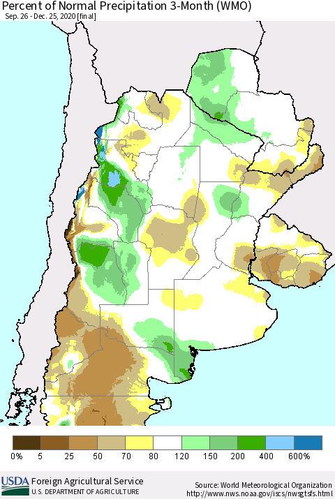 Southern South America Percent of Normal Precipitation 3-Month (WMO) Thematic Map For 9/26/2020 - 12/25/2020