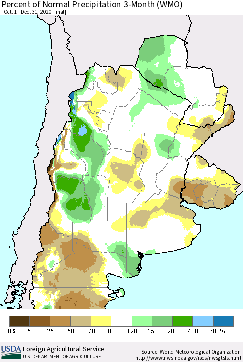 Southern South America Percent of Normal Precipitation 3-Month (WMO) Thematic Map For 10/1/2020 - 12/31/2020