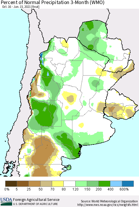 Southern South America Percent of Normal Precipitation 3-Month (WMO) Thematic Map For 10/16/2020 - 1/15/2021