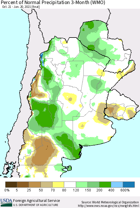 Southern South America Percent of Normal Precipitation 3-Month (WMO) Thematic Map For 10/21/2020 - 1/20/2021