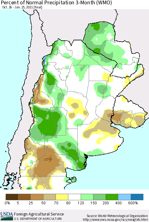 Southern South America Percent of Normal Precipitation 3-Month (WMO) Thematic Map For 10/26/2020 - 1/25/2021