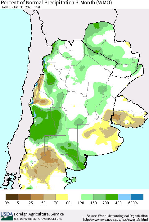 Southern South America Percent of Normal Precipitation 3-Month (WMO) Thematic Map For 11/1/2020 - 1/31/2021