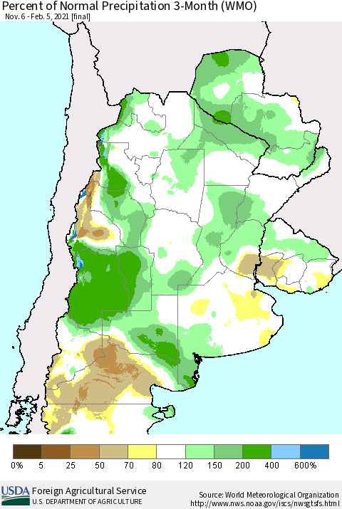 Southern South America Percent of Normal Precipitation 3-Month (WMO) Thematic Map For 11/6/2020 - 2/5/2021