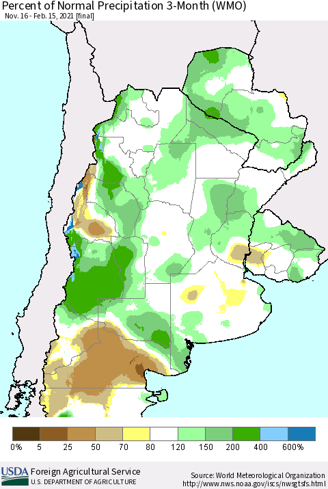 Southern South America Percent of Normal Precipitation 3-Month (WMO) Thematic Map For 11/16/2020 - 2/15/2021