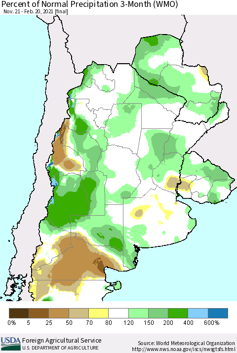 Southern South America Percent of Normal Precipitation 3-Month (WMO) Thematic Map For 11/21/2020 - 2/20/2021