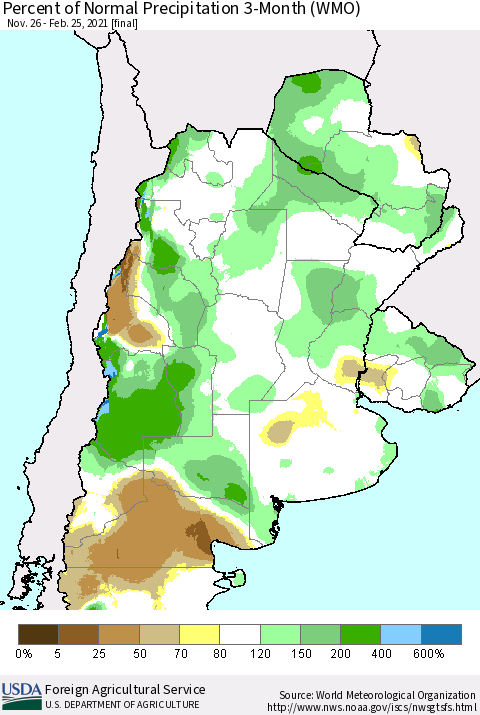 Southern South America Percent of Normal Precipitation 3-Month (WMO) Thematic Map For 11/26/2020 - 2/25/2021