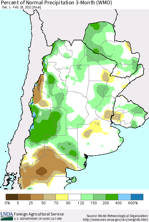 Southern South America Percent of Normal Precipitation 3-Month (WMO) Thematic Map For 12/1/2020 - 2/28/2021