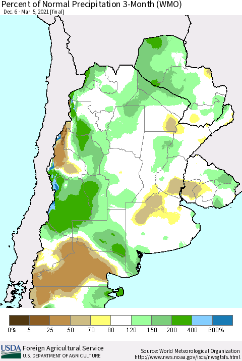 Southern South America Percent of Normal Precipitation 3-Month (WMO) Thematic Map For 12/6/2020 - 3/5/2021
