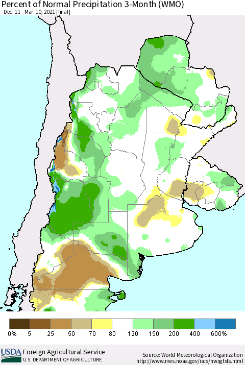 Southern South America Percent of Normal Precipitation 3-Month (WMO) Thematic Map For 12/11/2020 - 3/10/2021