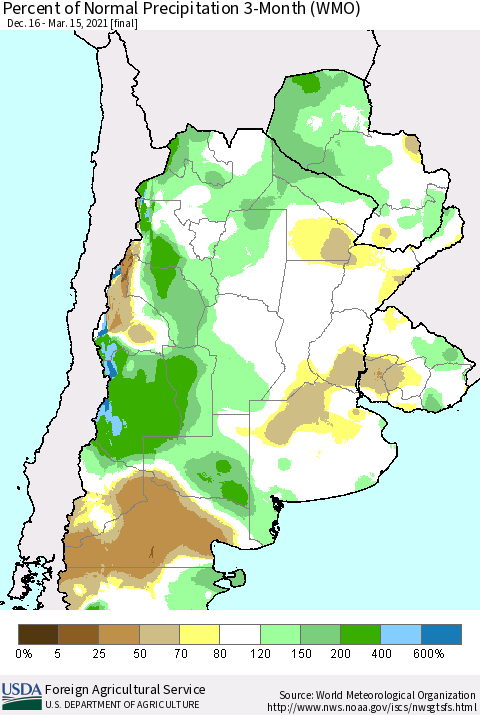 Southern South America Percent of Normal Precipitation 3-Month (WMO) Thematic Map For 12/16/2020 - 3/15/2021