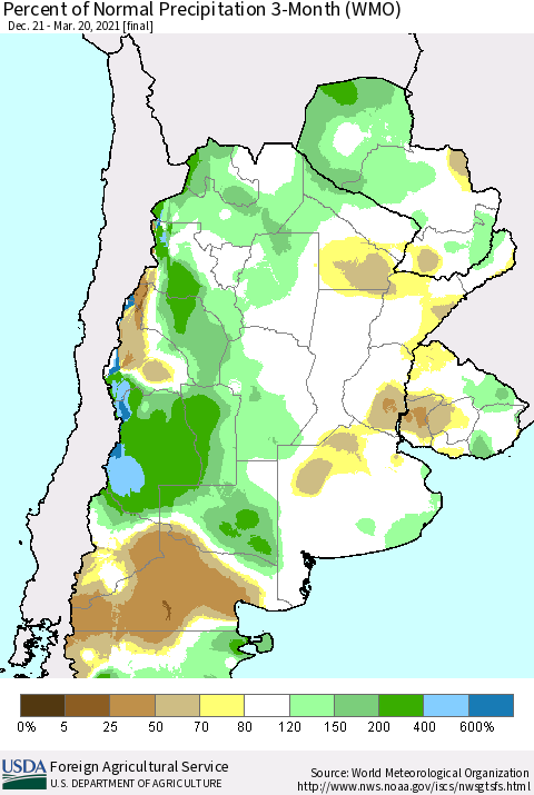 Southern South America Percent of Normal Precipitation 3-Month (WMO) Thematic Map For 12/21/2020 - 3/20/2021