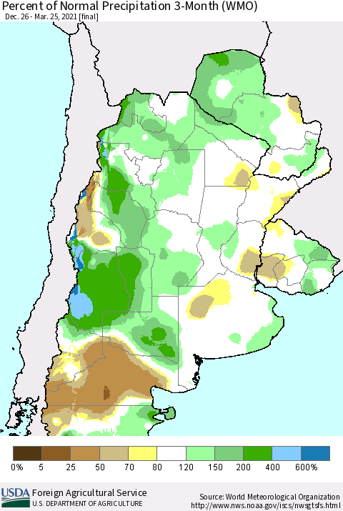Southern South America Percent of Normal Precipitation 3-Month (WMO) Thematic Map For 12/26/2020 - 3/25/2021