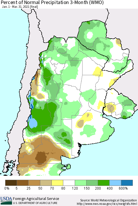 Southern South America Percent of Normal Precipitation 3-Month (WMO) Thematic Map For 1/1/2021 - 3/31/2021