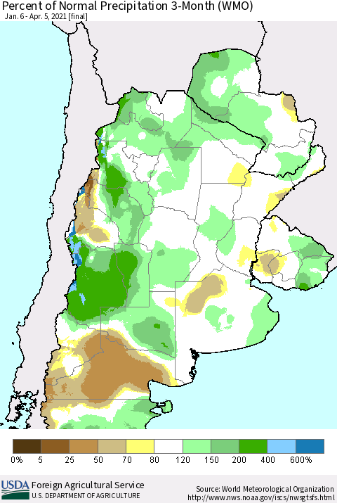 Southern South America Percent of Normal Precipitation 3-Month (WMO) Thematic Map For 1/6/2021 - 4/5/2021