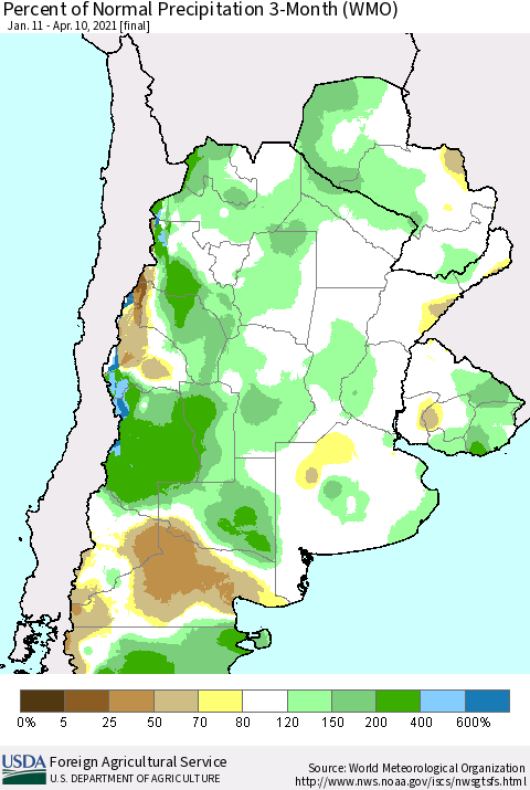 Southern South America Percent of Normal Precipitation 3-Month (WMO) Thematic Map For 1/11/2021 - 4/10/2021
