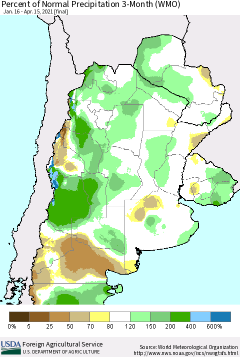Southern South America Percent of Normal Precipitation 3-Month (WMO) Thematic Map For 1/16/2021 - 4/15/2021