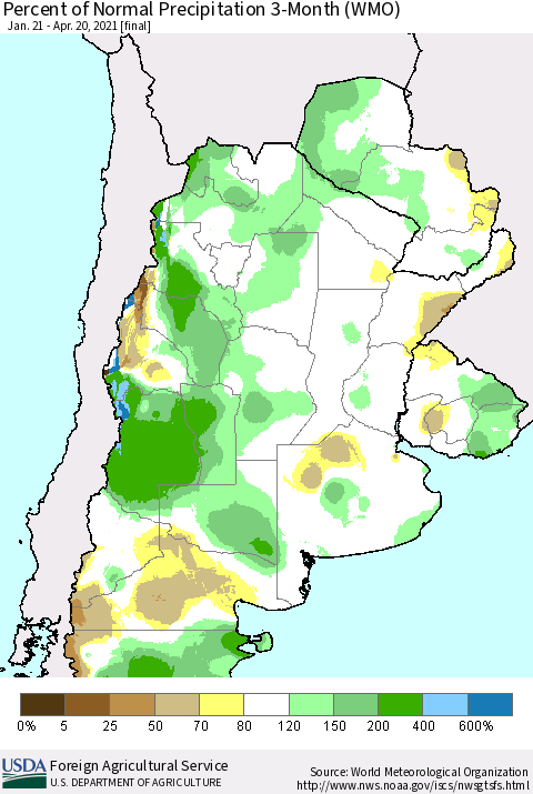 Southern South America Percent of Normal Precipitation 3-Month (WMO) Thematic Map For 1/21/2021 - 4/20/2021