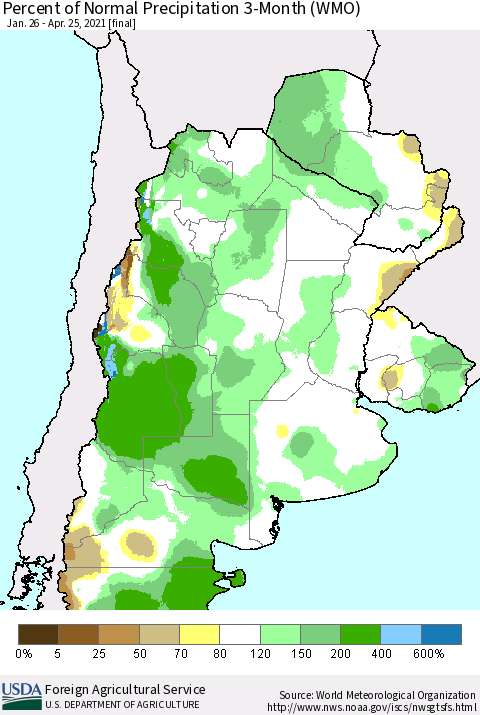 Southern South America Percent of Normal Precipitation 3-Month (WMO) Thematic Map For 1/26/2021 - 4/25/2021
