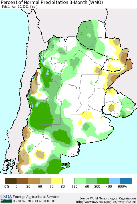 Southern South America Percent of Normal Precipitation 3-Month (WMO) Thematic Map For 2/1/2021 - 4/30/2021