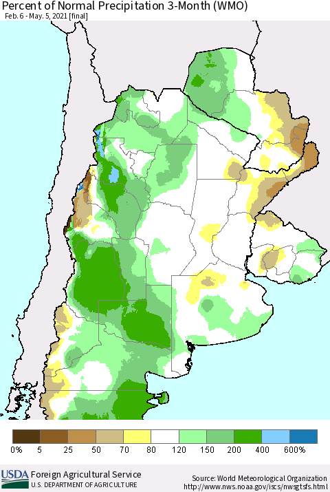 Southern South America Percent of Normal Precipitation 3-Month (WMO) Thematic Map For 2/6/2021 - 5/5/2021