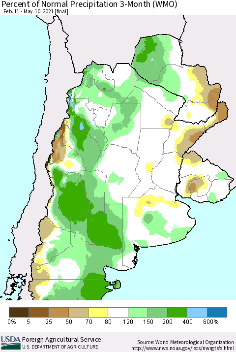 Southern South America Percent of Normal Precipitation 3-Month (WMO) Thematic Map For 2/11/2021 - 5/10/2021