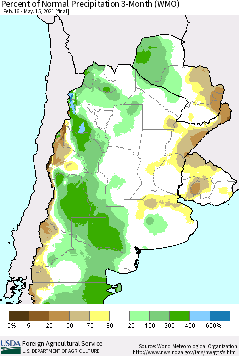 Southern South America Percent of Normal Precipitation 3-Month (WMO) Thematic Map For 2/16/2021 - 5/15/2021