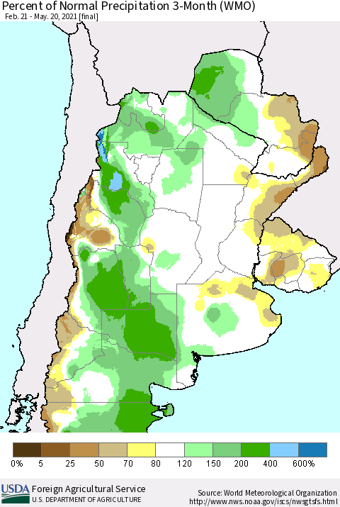 Southern South America Percent of Normal Precipitation 3-Month (WMO) Thematic Map For 2/21/2021 - 5/20/2021