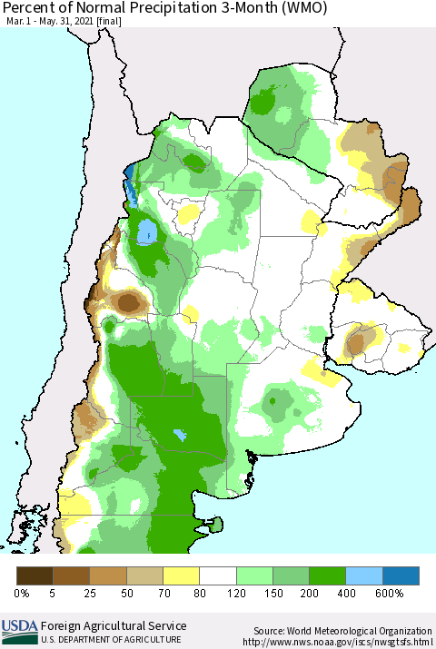 Southern South America Percent of Normal Precipitation 3-Month (WMO) Thematic Map For 3/1/2021 - 5/31/2021