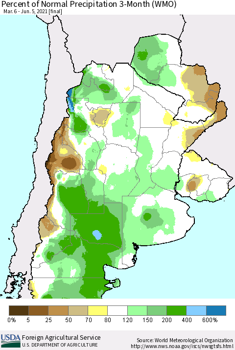 Southern South America Percent of Normal Precipitation 3-Month (WMO) Thematic Map For 3/6/2021 - 6/5/2021