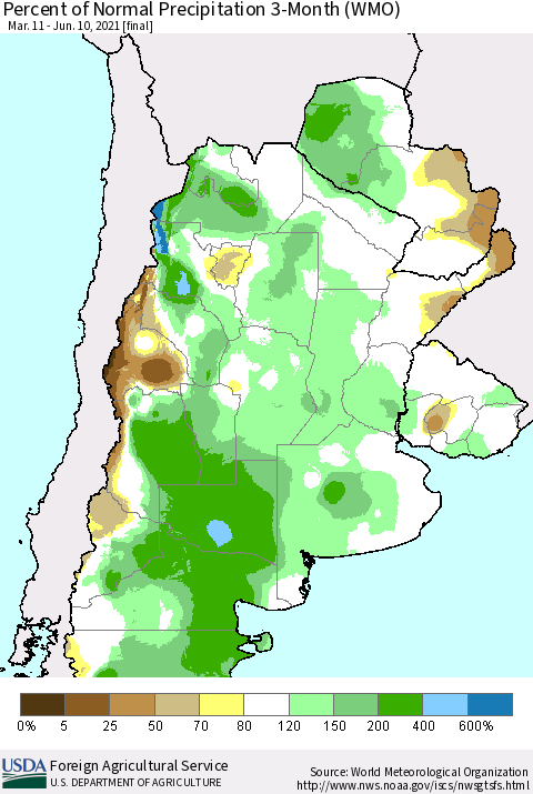 Southern South America Percent of Normal Precipitation 3-Month (WMO) Thematic Map For 3/11/2021 - 6/10/2021