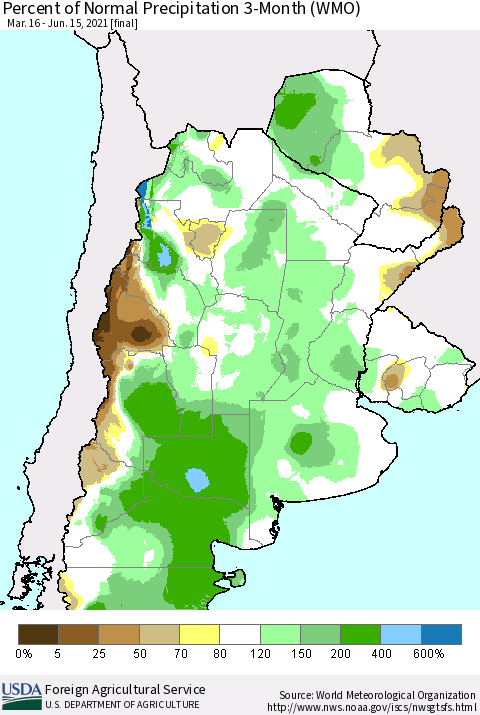 Southern South America Percent of Normal Precipitation 3-Month (WMO) Thematic Map For 3/16/2021 - 6/15/2021